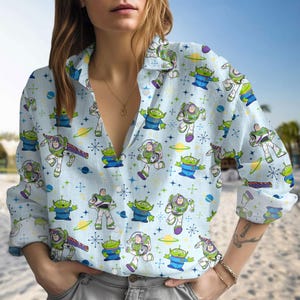 Disney Toy Story Casual Shirt, Little Green Aliens Leinen Shirt Frauen, Buzz Lightjahre Frauen Blusen, Disneyland Charakter Langarm Sh