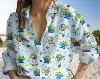 Disney Toy Story Casual Shirt, Little Green Aliens Linen Shirt Women, Buzz Lightyear Women Blouses, Disneyland Character Long Sleeve Sh