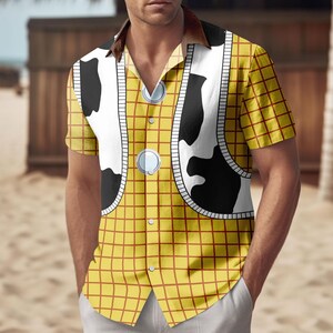 Halloween Woody Costume Shirt, Disney Toy Story Cosplay Button Shirt For Men, Woody Toy Story Short Sleeve Shirt For Women And Men