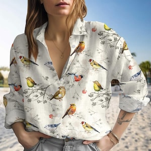 Cottagecore Birds and Flowers T-Shirt, Bird Tropical Blouse Shirt, Nature Love Casual Shirt, Retro Button Women Shirt, Summer Gift