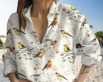 Cottagecore Birds and Flowers T-Shirt, Bird Tropical Blouse Shirt, Nature Love Casual Shirt, Retro Button Women Shirt, Summer Gift