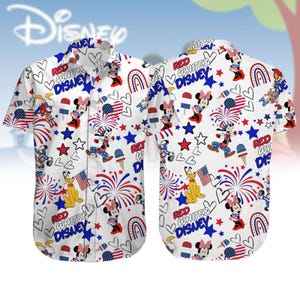 Disney Micky und Freunde 4. Juli Hemd, Cartoon Feuerwerk 4. Juli Knopf Hemd, Magic Kingdom Rot Weiß Blau Hawaiihemd
