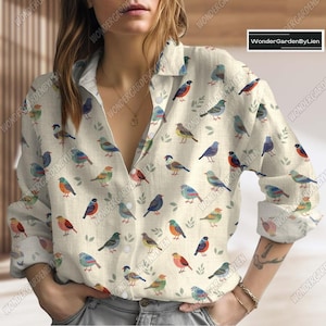 Bird Shirt For Her, Bird Animal Blouse Shirt, Gift For Bird Lover, Shirt For Bird Lovers, Linen Mix Polyester Shirt For Women