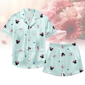 Pijama de satén de Mickey y Minnie Mouse, de manga corta, con dibujos de Disney, suave y sedoso, ideal como regalo para mujer.