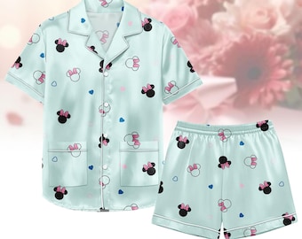 Mickey Minnie Mouse Satin Pajama, Disney Cartoon Short Sleeve Sleepwear, Soft Silky Nightwear, Magic Kingdom Loungewear Gift for Women