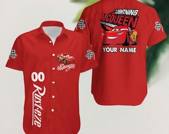 Custom Name Lightning McQueen Hawaiian Shirt, Cars Movie Button Shirt, Disney Pixar Car Summer Shirt, Disney Family Trip Shirt