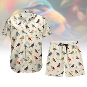 May include: A white button-down shirt and matching shorts with a colorful bird pattern. The birds are various shades of blue, green, red, and yellow.