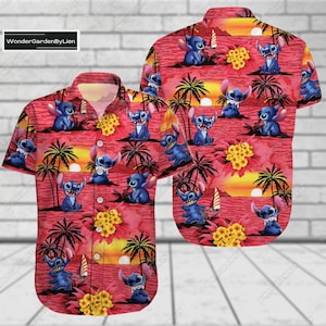 Stitch Summer Button-shirt, Disney Stitch Hawaiiaans shirt, Stitch Aloha Beach-T-shirt, Disney Cartoon Tropisch T-shirt, Magic Kingdom-cadeau