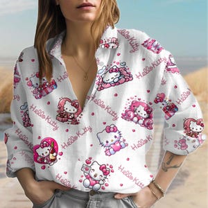 Funny Kitty blouseshirt, Hello Kitty Cat shirt voor vrouwen, roze kat casual shirt, Disney cartoon bijpassende blouse vrouwen, verjaardagscadeau vrouwen