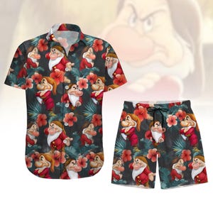 Camisa con botones tropicales de gruñón, pantalón corto de verano de enanito gruñón, camisa hawaiana de dibujos animados de Disney, pantalón corto de playa de los siete enanitos para hombres y mujeres