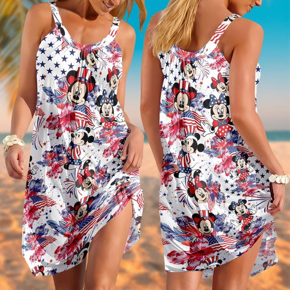 Mickey Minnie Patriotic Sling Summer Dress, Disney Cartoon 4th Of July  Dress, Magic Kingdom Casual Dress, American Freedom Tropical Dress