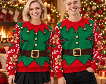 May include: A green and red elf-themed sweater featuring a brown belt with a gold buckle, gold jingle bells along the collar, and a pattern of gingerbread cookies, candy canes, and peppermint candies on the sleeves and body.