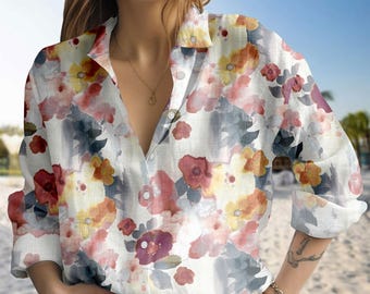 Watercolor Flower Blouse Shirt, Wildflower Casual Shirt For Women, Soft Flower Print Button Shirt, Long Sleeve Women Top