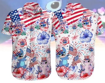 Disney Lilo und Stitch 4. von Juli Shirt, Disney Cartoon Unabhängigkeitsknopf Shirt, Stitch Rot Weiß Blau Hawaiihemd, America Day G