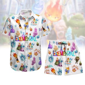 Camisa con botones elementales, pantalón corto a juego His Ember & Her Wade, camisa de dibujos animados de Disneyland Hawaii, camisa de viaje mágico romántico para hombres y mujeres