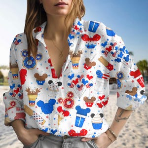 Camiseta de Mickey del 4 de julio, blusa con símbolo de dibujos animados de Disney, camiseta de helado de dona roja, blanca y azul, camiseta patriótica de manga larga para mujer