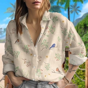 Pastel Bird Floral Blouse Shirt, Summer Vacation 2025 Outfit, Soft Nature-Inspired Casual Wear, Bird and Flower Linen Look Top For Her