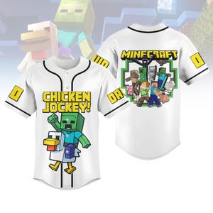 Gepersonaliseerde baseballjersey kipjockey, Minecraft-cartoonjersey voor kinderen, Minecraft Gaming Lover-cadeaus, verjaardagsshirt jongens en meisjes