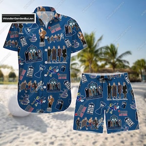 Doctor Who Hawaii e Short, Tardis Dr Button Shirt, Tardis Police Box Summer Short, T-shirt da spiaggia serie TV corta per uomo e donna