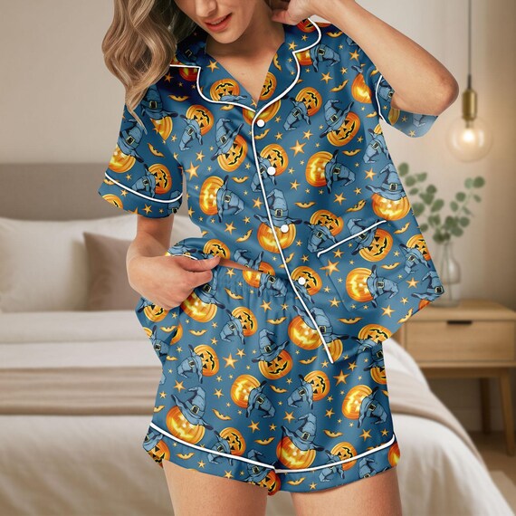 Halloween Satin Short Sleeve Pajama, Pumpkin Print Sleepwear Set, Cute Fall Pajama Shorts Set, Spooky Cozy Loungewear Gift