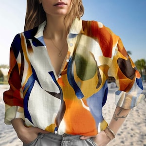 Abstract Art Blouse for Women, Colorful Casual Shirt, Modern Boho Button Up Top, Vintage Summer Beach Wear Gift