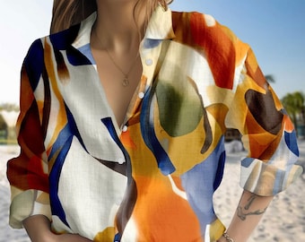 Abstract Art Blouse for Women, Colorful Casual Shirt, Modern Boho Button Up Top, Vintage Summer Beach Wear Gift