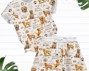 Golden Retriever Pajamas Set, Golden Retriever T-Shirt Short Set, Golden Mom Summer Short, Cute Dog Women Pajamas