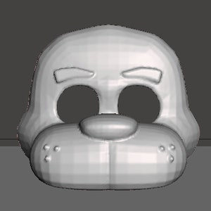 May include: A white 3D printed mask of a cartoon animal with a large, round nose and two small, round eyes. The mask has a simple, cartoonish design.