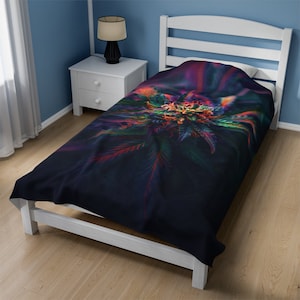 Könnte beinhalten: Ein schwarzer Bettbezug für ein Doppelbett mit einem farbenfrohen Marihuana-Blatt-Design. Der Bettbezug ist aus weichem, bequemem Stoff gefertigt und hat ein lebendiges, psychedelisches Muster.