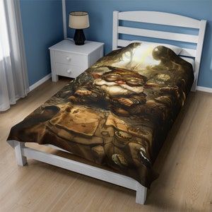 May include: A brown and tan twin-sized bedding set with a whimsical illustration of a gnome wearing goggles and a hat, surrounded by gears and other steampunk elements.