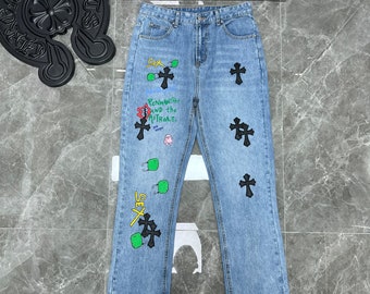 Classic version series. Matty boy graffiti red lip embroidered jeans, leather cross jeans, chrome style jeans