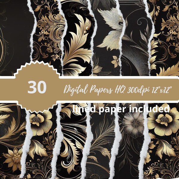 Black and Gold Floral Papers Bundle for Scrapbooking, Junk Journaling, and More