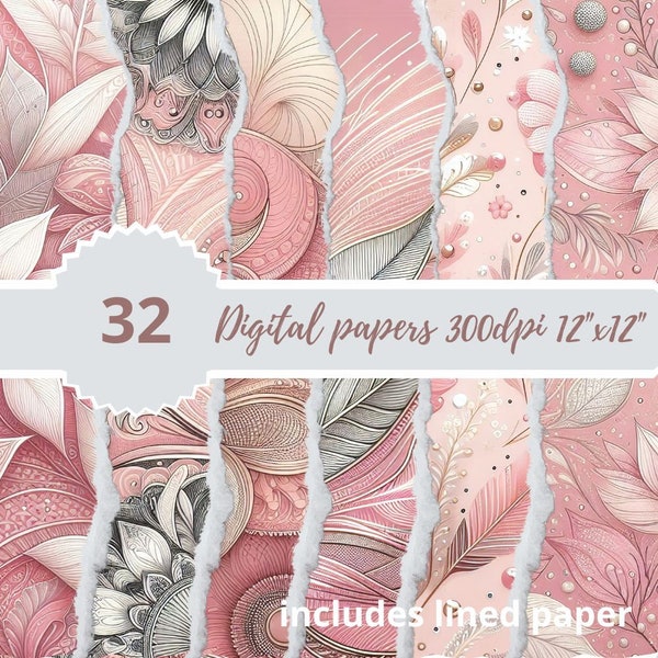 32 Digital Pink and Silver Papers: A Stylish Collection,scrapbooking paper and junk journal pages.