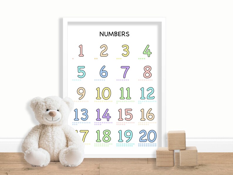 May include: A white framed poster with the word "NUMBERS" at the top and the numbers 1 through 20 in a rainbow of colors. The numbers are outlined in black and have small dots underneath them.