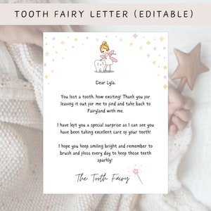 Carta del hada de los dientes, Nota editable del hada de los dientes, Imprimible de hada de los dientes, Plantilla personalizada, Diente perdido, Descarga digital