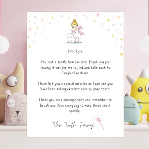 May include: A Tooth Fairy letter addressed to Lyla, featuring a cartoon fairy and tooth illustration. The letter includes text about losing a tooth and taking care of teeth, with a signature from The Tooth Fairy.