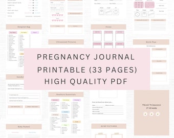 May include: A printable pregnancy journal with a pink and beige color scheme. The journal includes sections for tracking cravings, mood, sleep, baby's heart rate, weight, and more. It also includes sections for ultrasound pictures, baby names, and a birth plan.