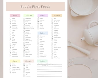Lista de verificación de los primeros alimentos del bebé, Registro de alimentos para bebés imprimible, Registro de alimentos para bebés, Diario de alimentos para bebés y niños pequeños, Destete dirigido por bebés, PDF
