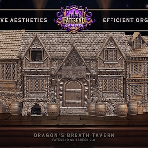 May include: A detailed model of a medieval tavern called "Dragon's Breath Tavern" made of wood and stone. The model is a 3D printed miniature for tabletop role-playing games.