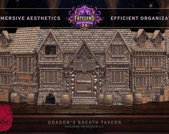 May include: A detailed model of a medieval tavern called "Dragon's Breath Tavern" made of wood and stone. The model is a 3D printed miniature for tabletop role-playing games.