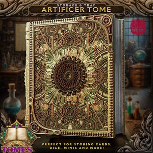 May include: A gold and green metal book-shaped storage box with intricate gear and floral designs. The box is labeled "Artificer Tome" and "Fates End Tomes".