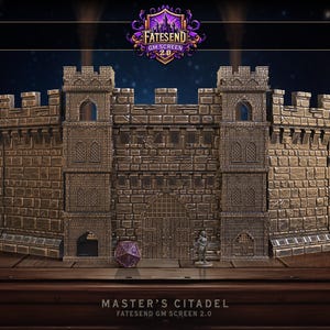 May include: A detailed model of a stone citadel with a large gate and towers. The model is made of brown and gray plastic and is designed for use with tabletop role-playing games. The text "MASTER'S CITADEL" and "FATESEND GM SCREEN 2.0" is printed on the base of the model.