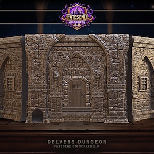 May include: A brown stone dungeon entrance with an arched doorway and a wooden door. The dungeon is made of stone blocks and has a textured surface. The entrance is part of a larger dungeon set for tabletop role-playing games.