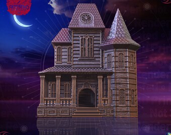 May include: A detailed, wooden model of a haunted house with a dark, weathered appearance. The house features multiple stories, a turret, and a porch. The background shows a night sky with a crescent moon and the text "FATESUND".