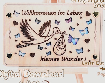 Laser file money gift voucher wish fulfiller for baby newborn, stork in DXF, SVG, AI, XCS, Lbrn2 for e.g. Lightburn laser cutting CNC.