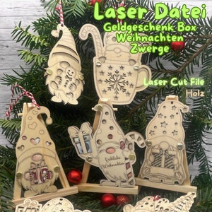Laserbestand dwergen, elfen als geldcadeau / voucher / wensvervuller voor Kerstmis in Dxf, Svg, Ai, Lbrn2 voor Lightburn, Lasercut CNC