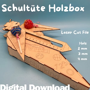 Laser Datei Schultüte Holz-Box, Süßes Geschenk zur Einschulung in 29 und 57cm in DXF, SVG, AI, LBRN2 aus 2, 3 oder 4mm Holz für Laser Cut