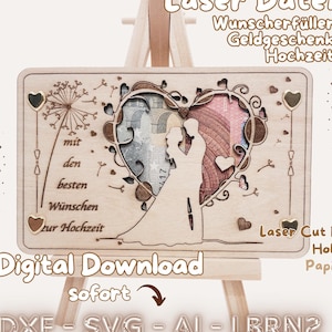 Puede incluir: Un tarjetero de regalo de boda de madera cortada con láser con un diseño en forma de corazón. El diseño presenta una silueta de novios, un diente de león y el texto "Laser Datei" y "Digital Download".