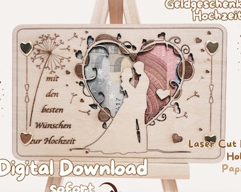 Bon upominkowy w formie gotówki wycięty laserowo, spełniający życzenia z okazji ślubu, zaręczyn w formatach DXF, SVG, AI, XCS, Lbrn2, np. do cięcia laserowego CNC firmy Lightburn.