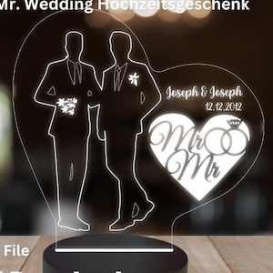 Archivo láser boda Sr. & Sr. Gay Boda acrílico corazón led 3d lámpara en formato SVG, DXF, AI, LBRN2, PNG y XCF para corte láser, CNC, etc.
